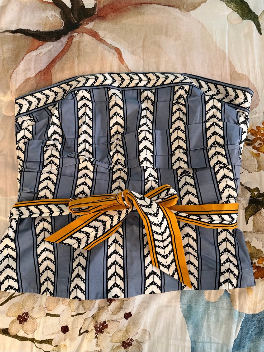 White House Black Market Blue, White & Yellow Striped Strapless/Bustier Top